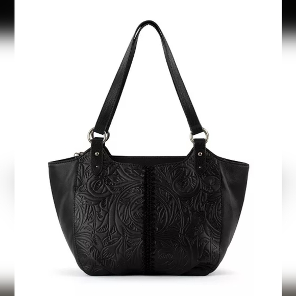 The Sak Handbags - The Sak Bolinas Leather Satchel Black Leaf Embossed